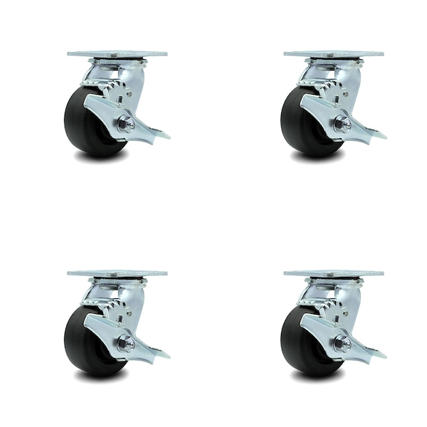 4 Inch Polyolefin Caster Set with Roller Bearings and Brake/Swivel Lock SCC